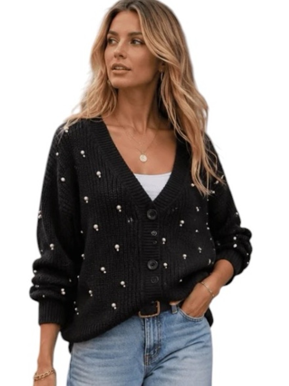0410:  FORE NEW PEARL EMBELLISHED CARDIGAN SWEATER BLACK